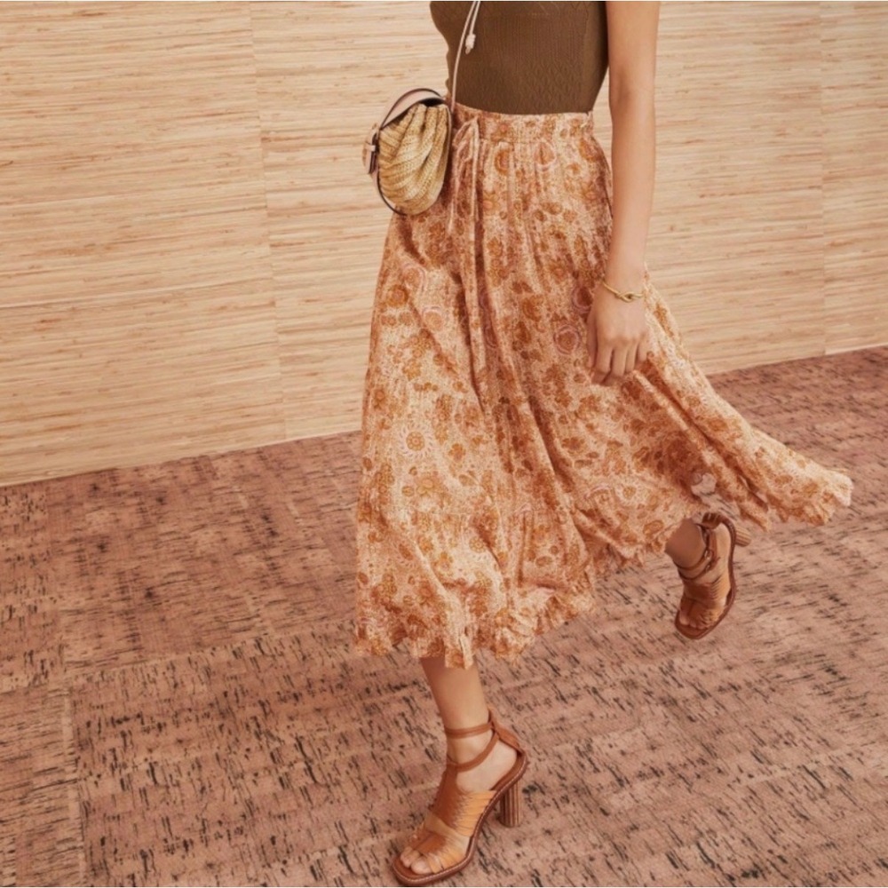 Ulla Johnson Verity Midi Skirt Meadow Tan Floral Boho Ruffle Tiered - 4